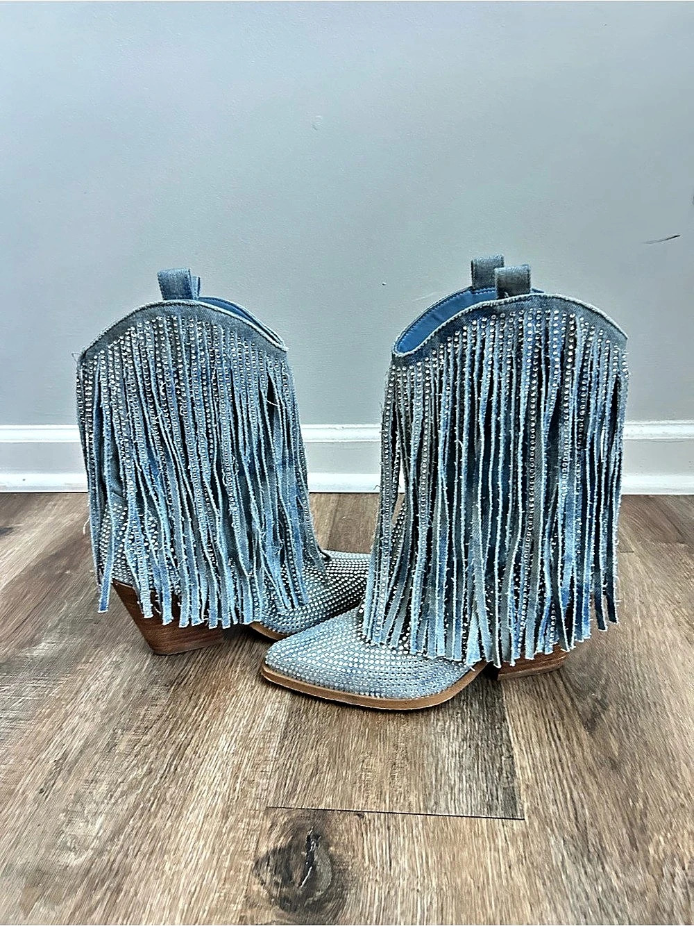 Jessica Simpson Rhinestone Denim Cowboy Boots Blue & Silver